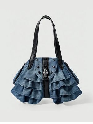 Fırfırlı Kurukafa Aksesuarlı Mini Denim Çanta