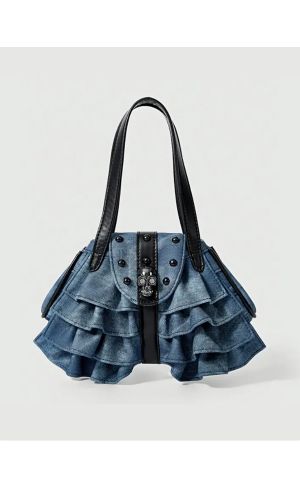 Fırfırlı Kurukafa Aksesuarlı Mini Denim Çanta