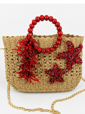 Boho Coral Denizyıldızı İşlemeli Hasır Çanta