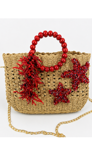 Boho Coral Denizyıldızı İşlemeli Hasır Çanta
